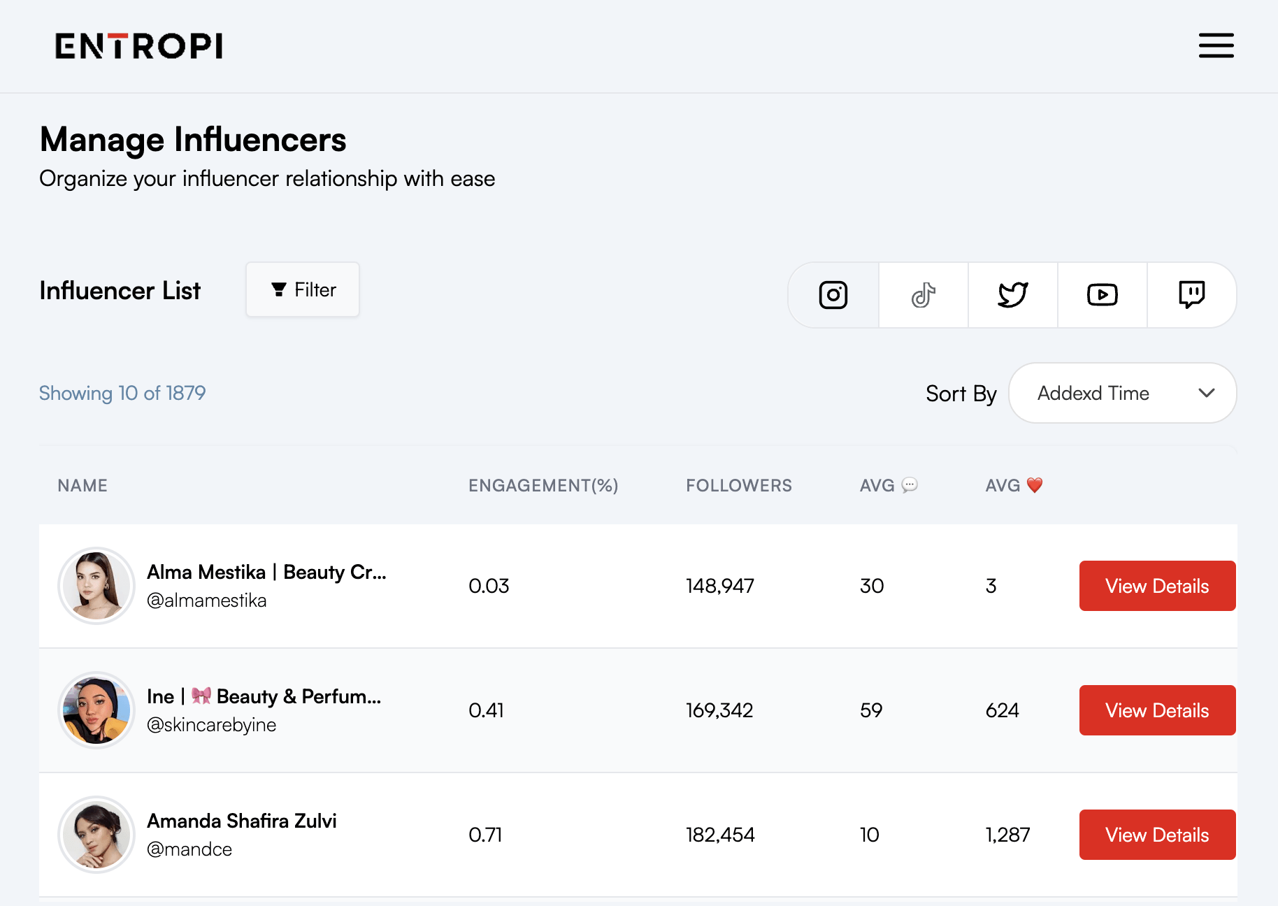 Default 1 ENTROPI Influencer Management Screenshot